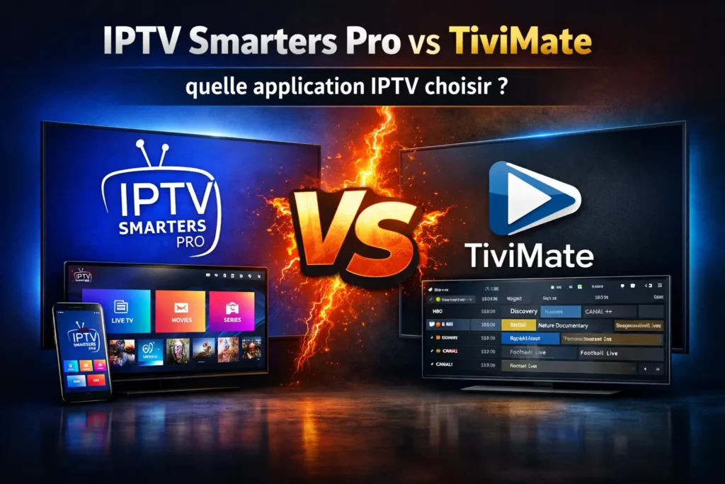 Comparaison entre IPTV Smarters Pro et TiviMate affichée sur écran avec un visuel "VS" au centre pour aider à choisir la meilleure application IPTV.