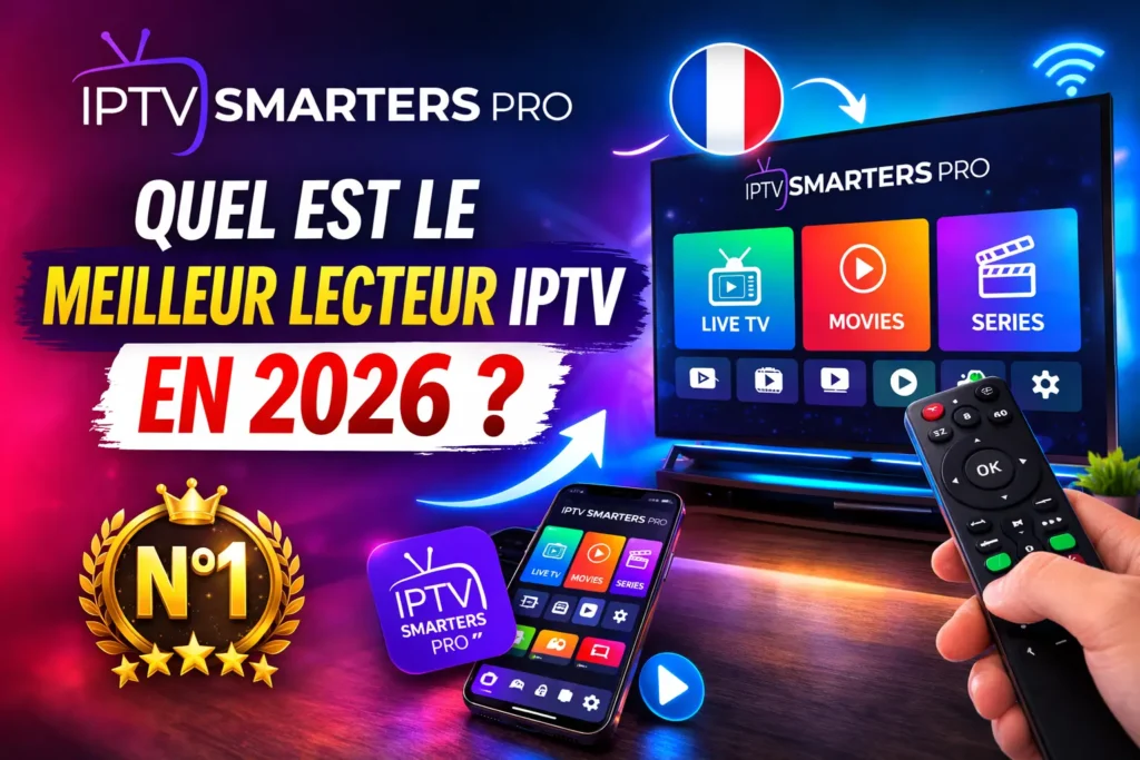 Meilleur lecteur IPTV en 2026 avec IPTV Smarters Pro affiché sur Smart TV et smartphone, badge numéro 1 et drapeau de France.